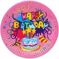 Тарелка бумажная 18 см в наборе 10 шт День рождения Тортик, розовая