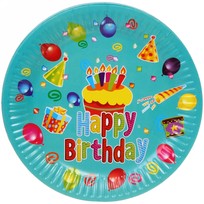 Тарелка бумажная 18 см в наборе 10 шт День рождения Тортик, голубая