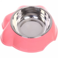 Миска пластиковая с металлической чашкой Лапка 16*4,6см цвет розовый