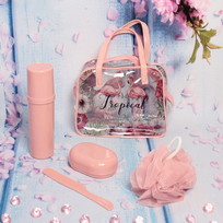 Набор банный дорожный 4шт Traveler-Фламинго, цв розовый, (мочалка, футляр 2шт, расческа), 20*16*7
