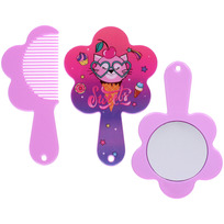 Расческа с зеркалом в наборе детские МИМИШКИ, котик, цвет розово-фиолетовый, 11см