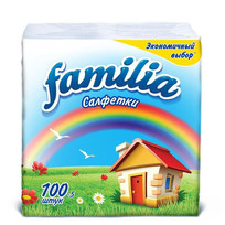 Салфетки бумажные FAMILIA 24*23см, 1 сл., 100л, белые